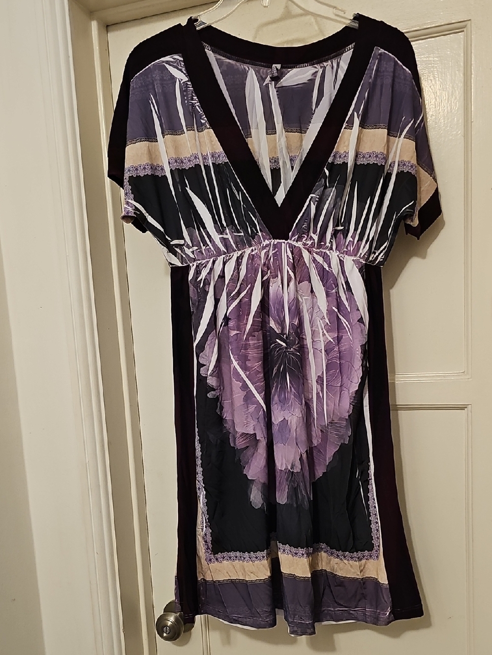 Purple Floral V-Neck Empire Waist Dress S EUC